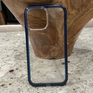 OtterBox phone case for iPhone 13 pro max. Clear with blue trim.